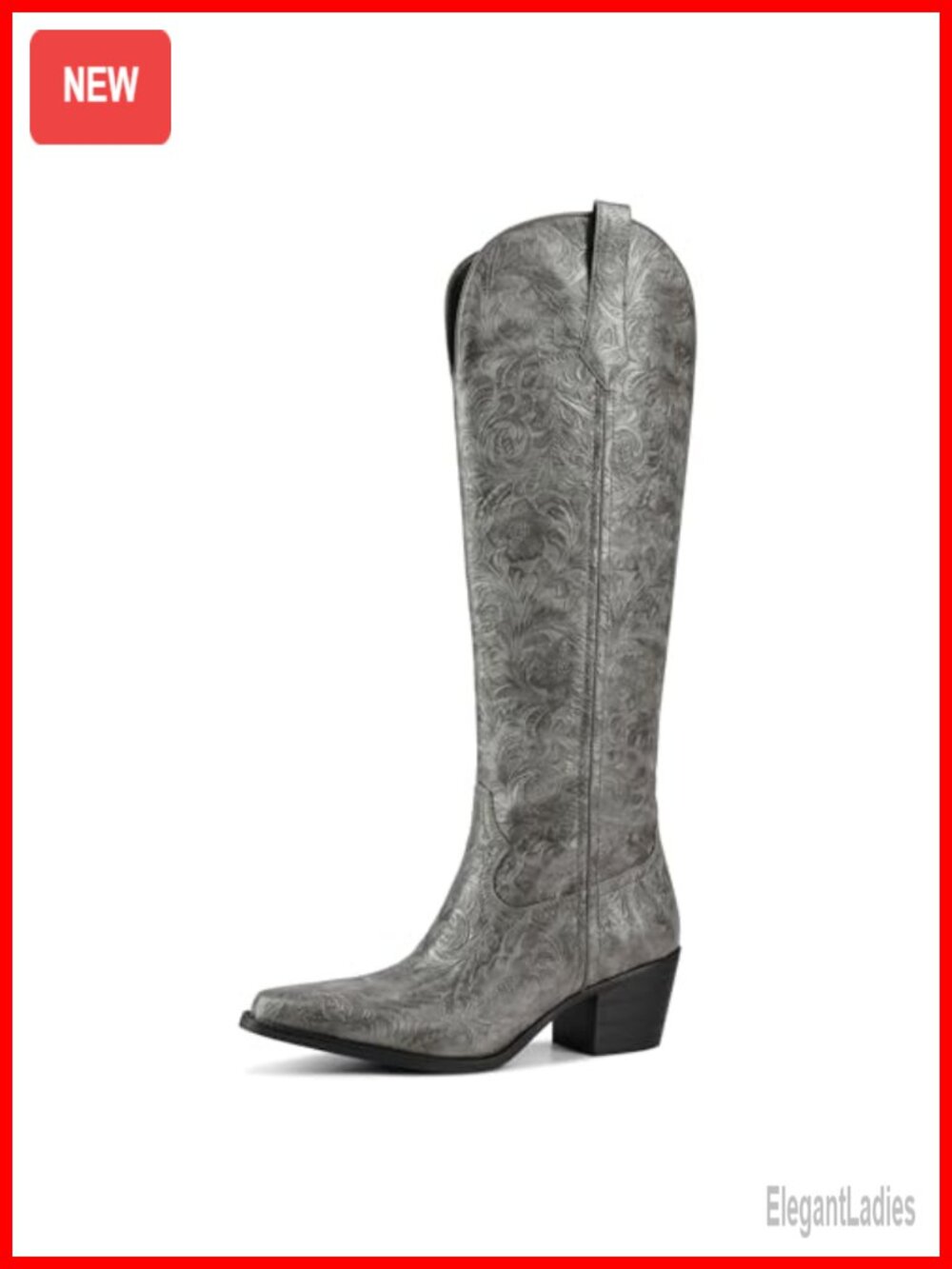 Women's Knee-High Cowboy Boots Embossed Floral Pointed Toe Block Heel Pull On